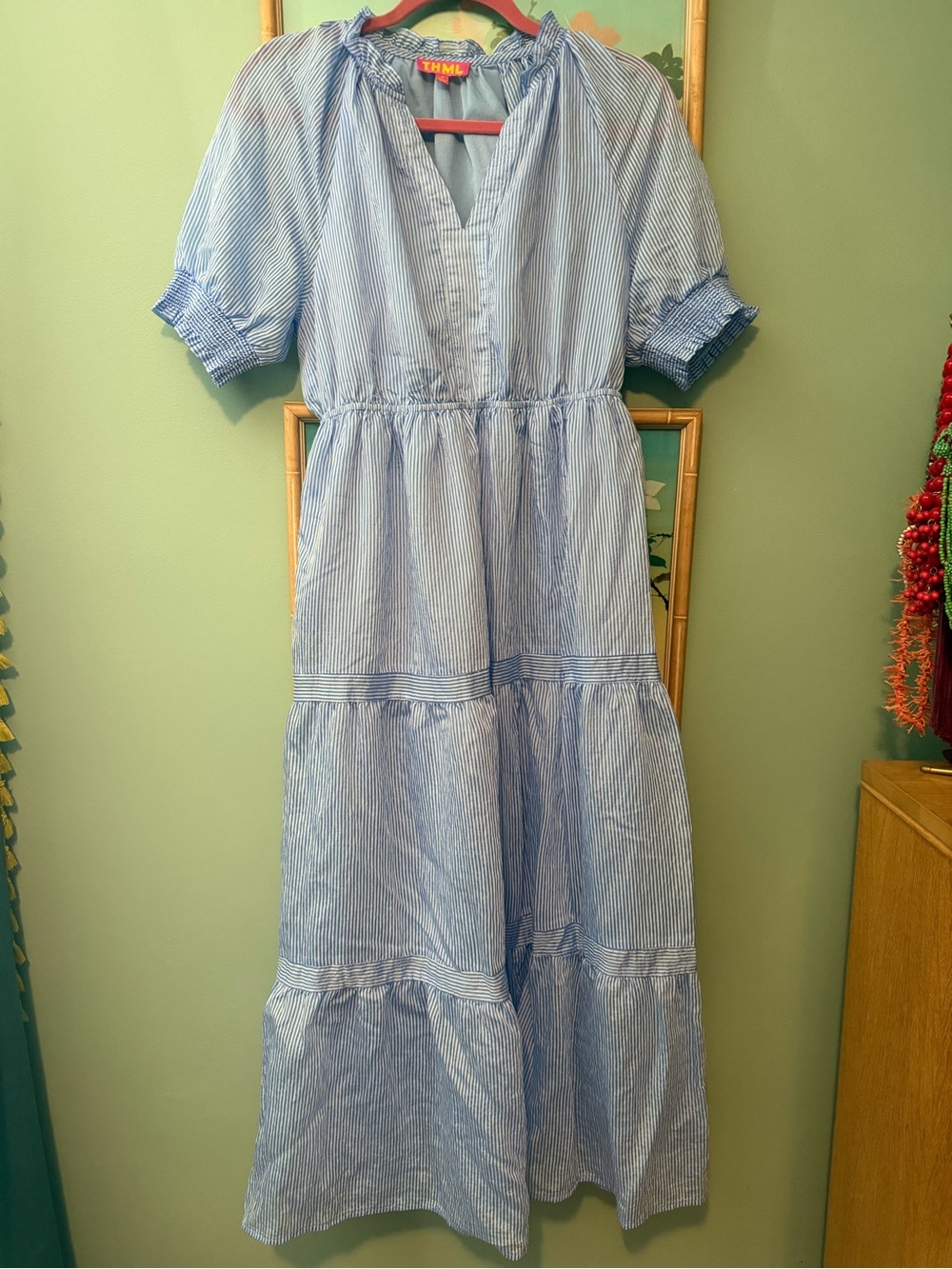THML Light Blue & White Striped Tiered Maxi Dress